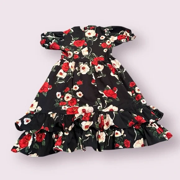 Girls Red And Black Dream Floral Dress with Ruffle Accents And Cut Out Sz 4 - Picture 9 of 11